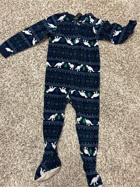 Joe Boxer Kids Navy Blue Dino Print Footed One-Piece Fleece Pajamas Sz 4 T